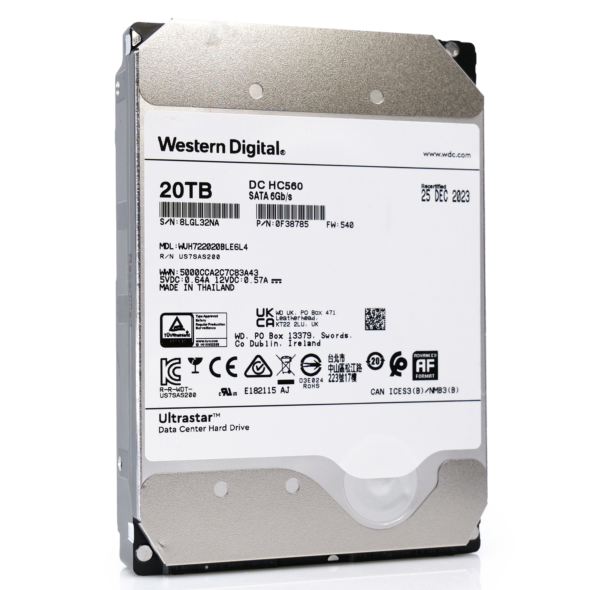 Western Digital Ultrastar DC HC560 WUH722020BLE6L4 0F38785 20TB 7.2K RPM SATA 6Gb/s 512e 3.5in Recertified Hard Drive front angle 2