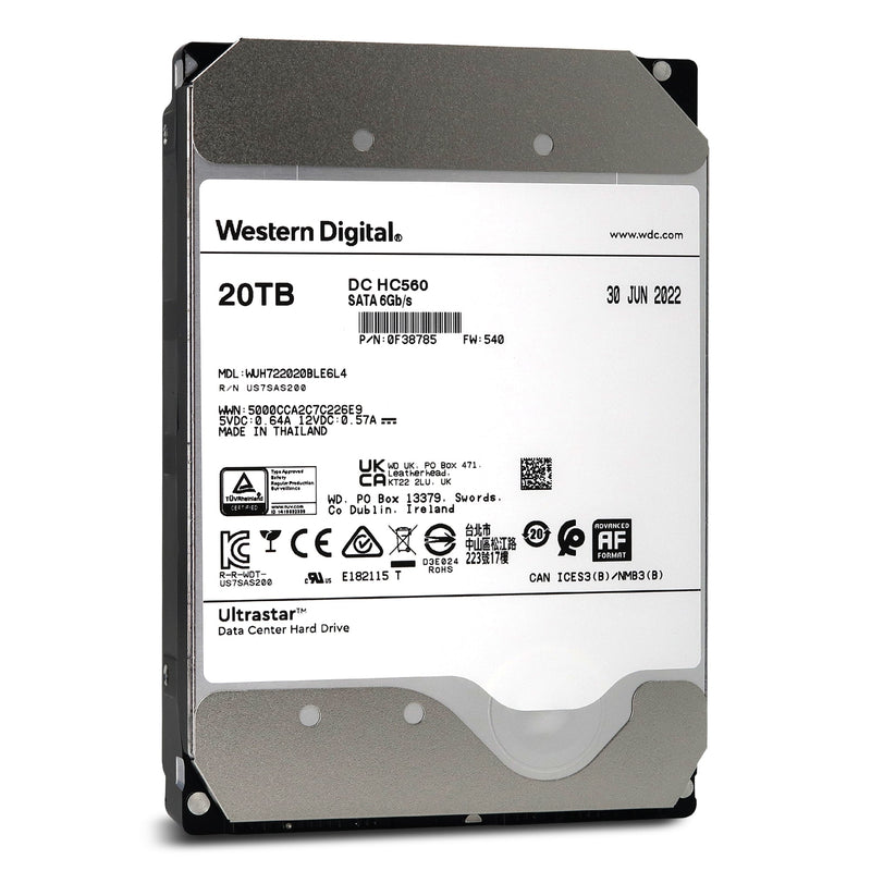 Western Digital Ultrastar DC HC560 WUH722020BLE6L4 0F38785 20TB 7.2K RPM SATA 6Gb/s 512e 3.5in Hard Drive - Front View
