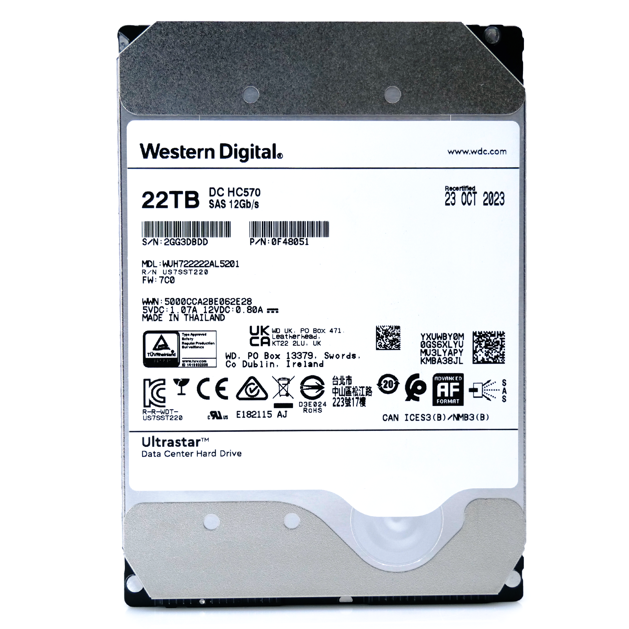 Western Digital Ultrastar HC570 WUH722222AL5201 0F48051 22TB 7.2K RPM SAS 12Gb/s 512e/4Kn 3.5in Recertified Hard Drive