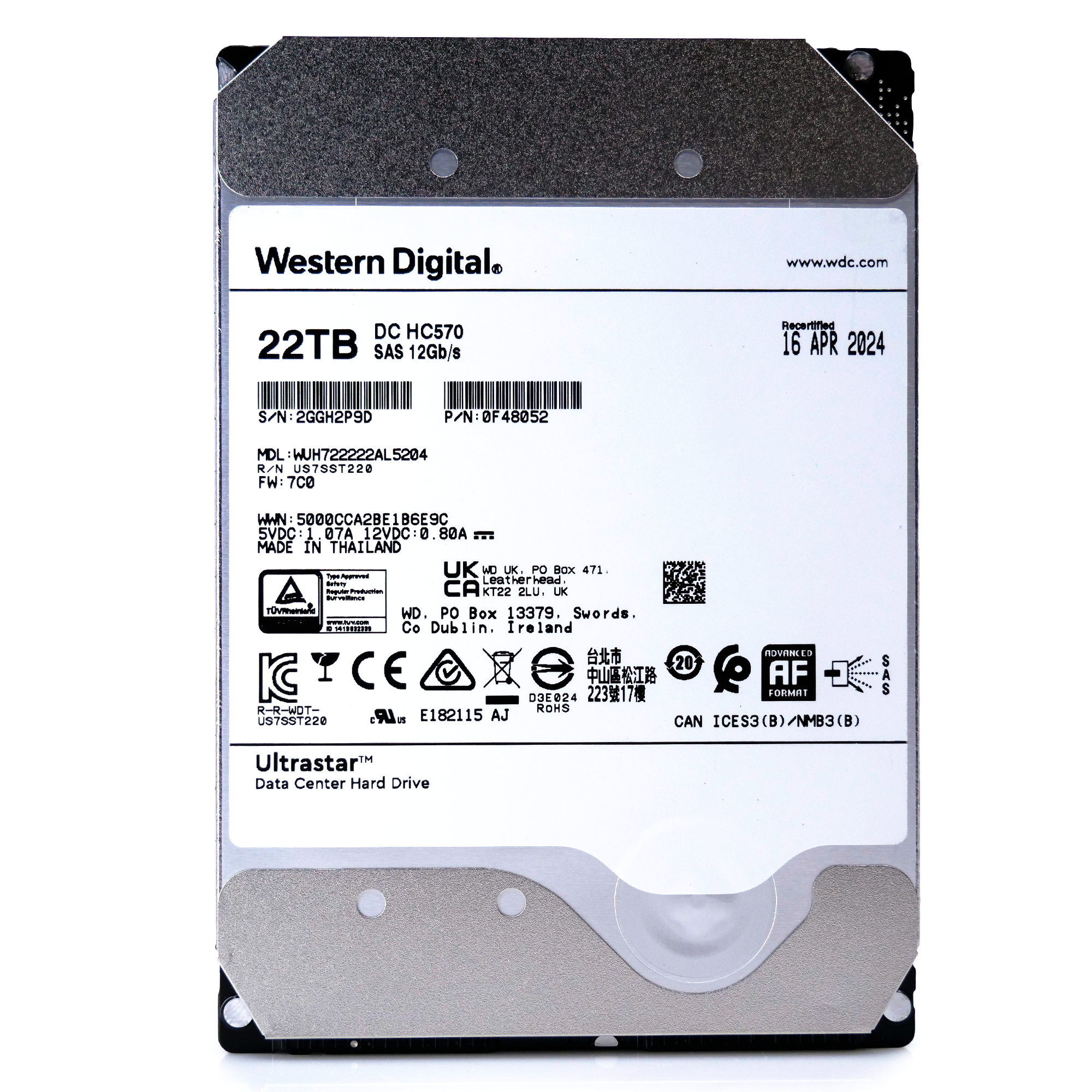 Western Digital Ultrastar HC570 WUH722222AL5204 0F48052 22TB 7.2K RPM SAS 12Gb/s 512e/4Kn 3.5in Recertified Hard Drive