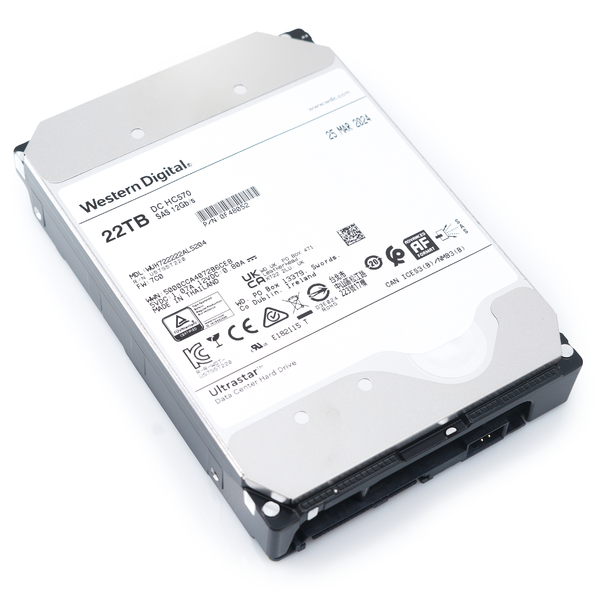 Western Digital Ultrastar DC HC570 WUH722222AL5204 0F48052 22TB 7.2K RPM SAS 12Gb/s 512e 3.5in Hard Drive flat 2.