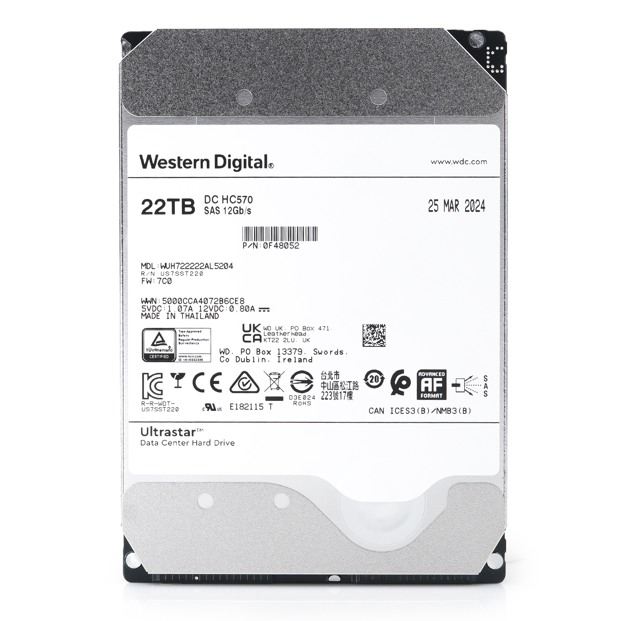 Western Digital Ultrastar DC HC570 WUH722222AL5204 0F48052 22TB 7.2K RPM SAS 12Gb/s 512e 3.5in Hard Drive front flat.