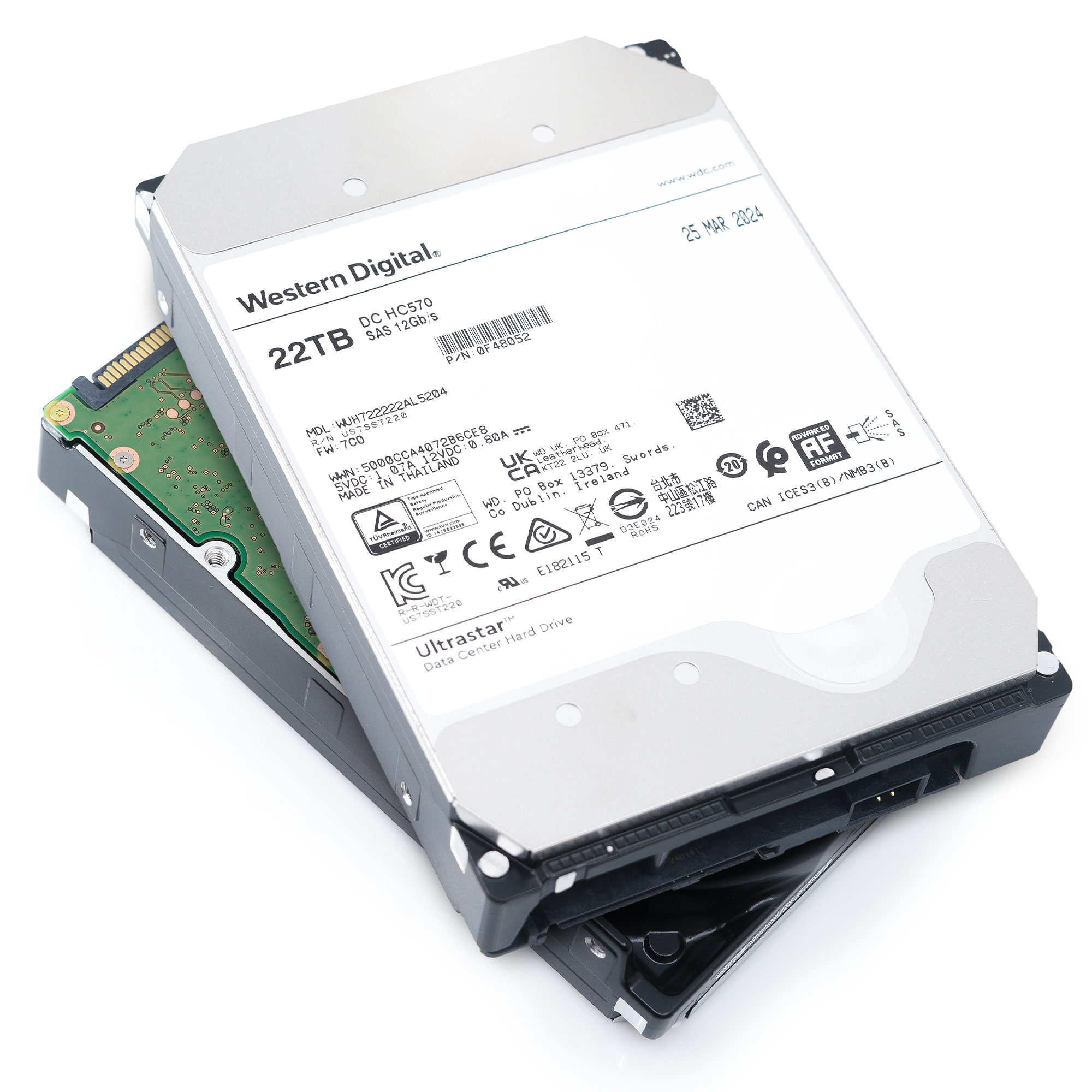 Western Digital Ultrastar DC HC570 WUH722222AL5204 0F48052 22TB 7.2K RPM SAS 12Gb/s 512e 3.5in Hard Drive stacked