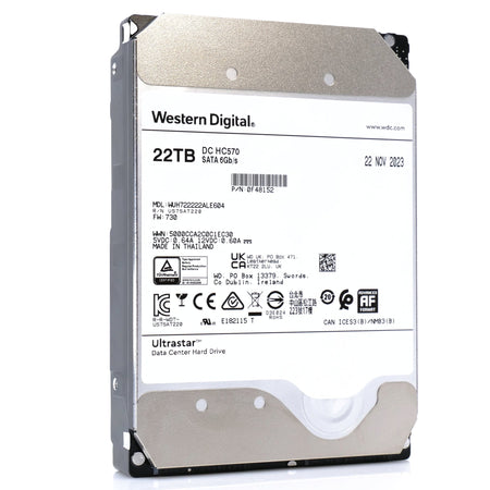 Western Digital Ultrastar HC570 WUH722222ALE604 0F48152 22TB 7.2K RPM SATA 6Gb/s 512e Power Disable 3.5in Hard Drive - Front Angle View