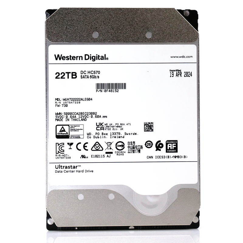 Western Digital Ultrastar HC570 WUH722222ALE604 0F48152 22TB 7.2K RPM SATA 6Gb/s 512e Power Disable 3.5in Refurbished HDD