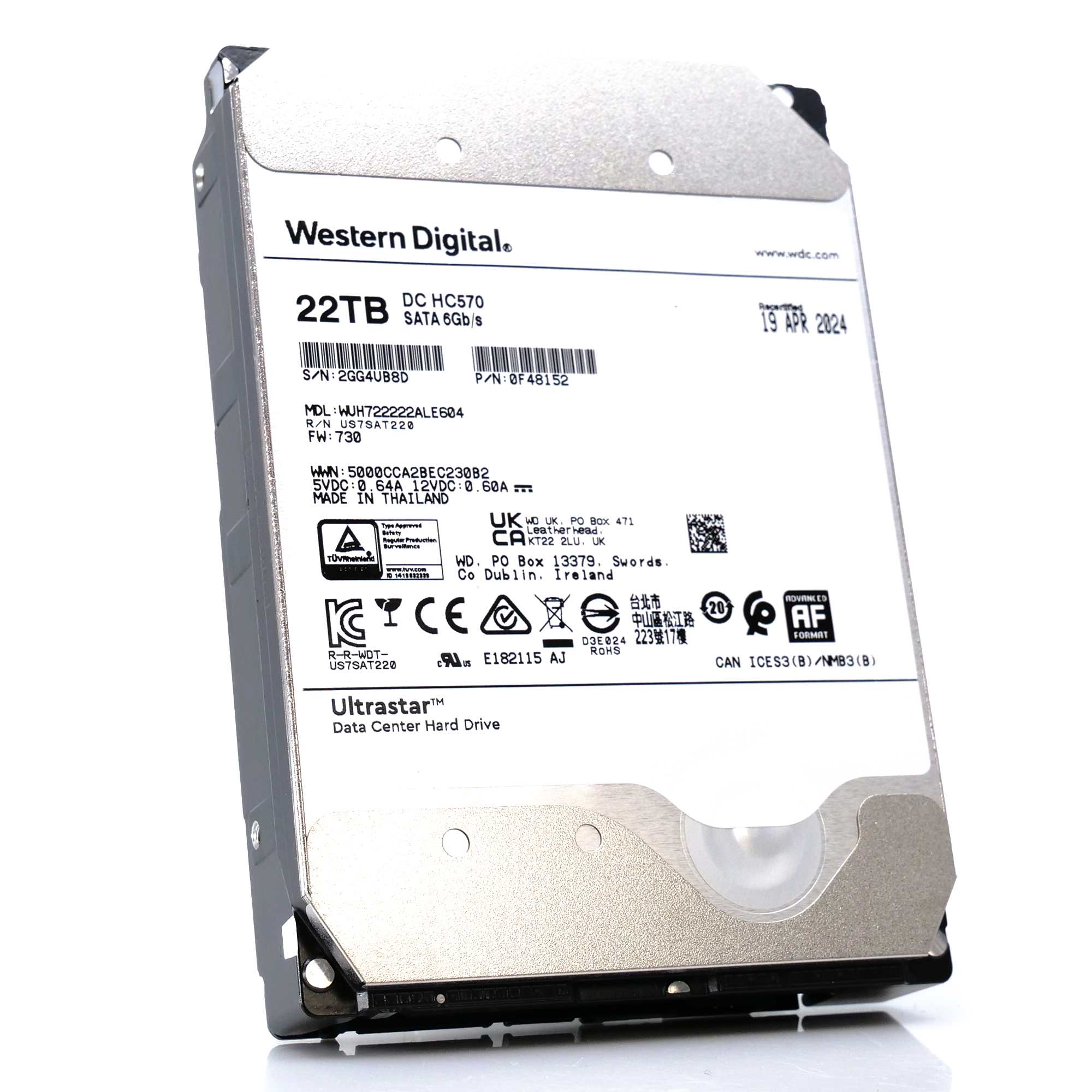 Western Digital Ultrastar HC570 WUH722222ALE604 0F48152 22TB 7.2K RPM SATA 6Gb/s 512e Power Disable 3.5in Recertified Hard Drive front angle 2