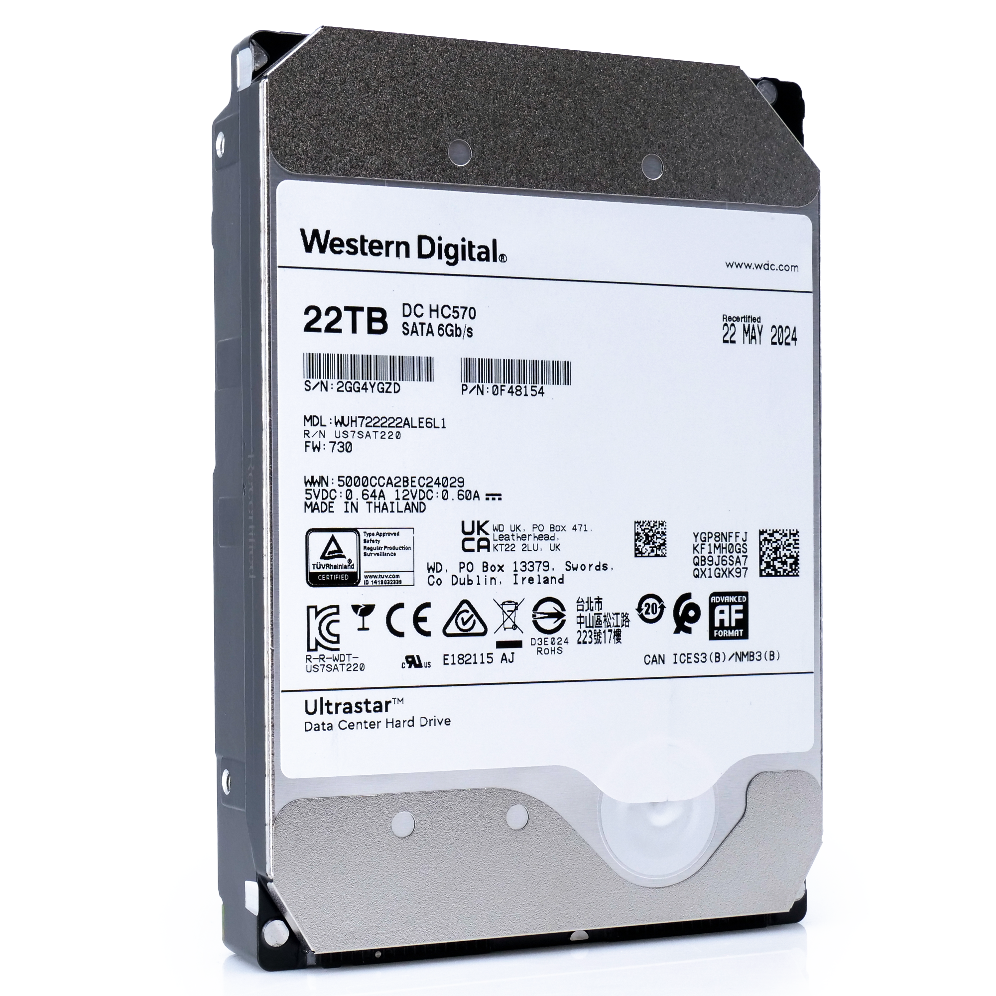 Western Digital Ultrastar DC HC570 WUH722222ALE6L1 0F48154 22TB 7.2K RPM SATA 6Gb/s 512e 3.5in Hard Drive front angle 2