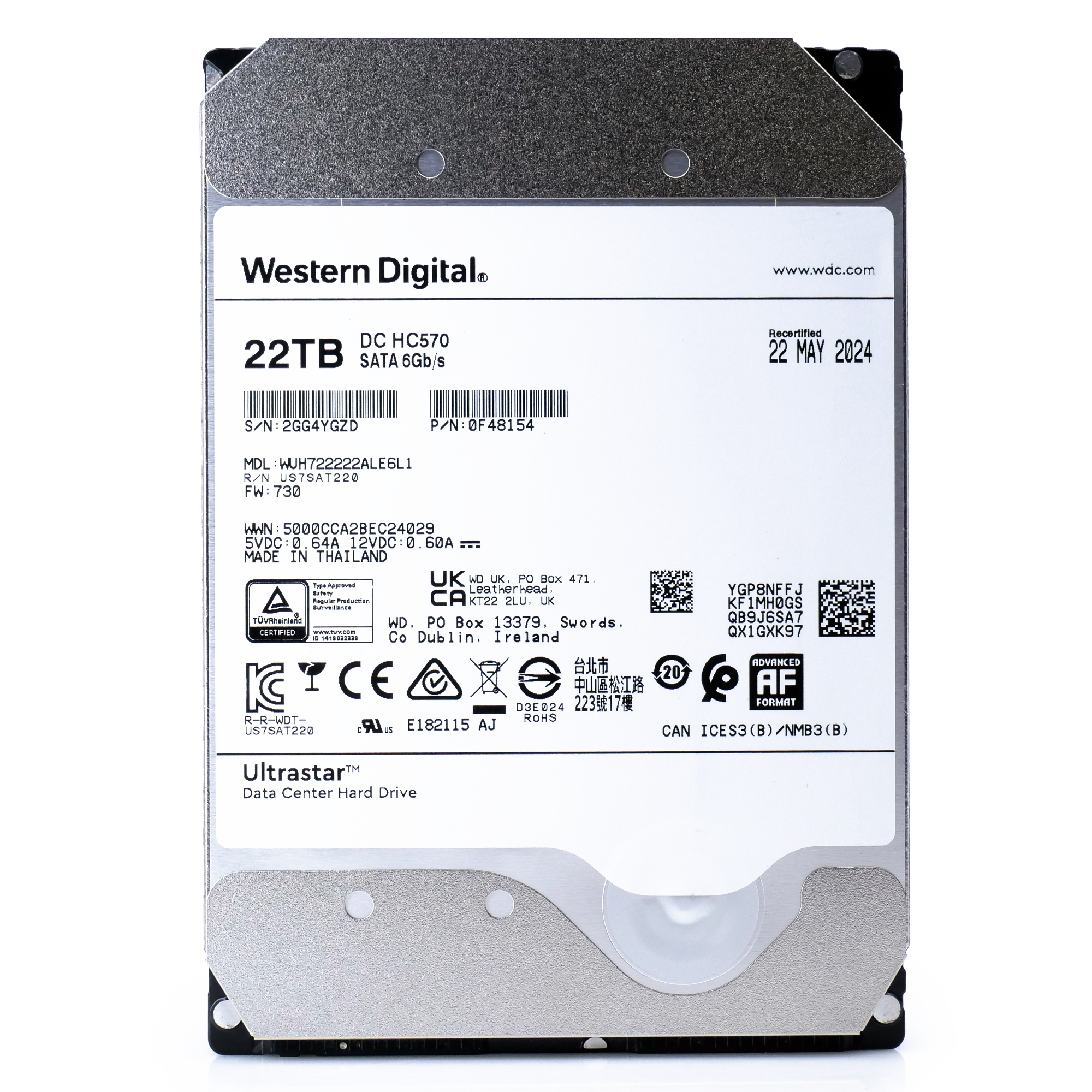 Western Digital Ultrastar DC HC570 WUH722222ALE6L1 0F48154 22TB 7.2K RPM SATA 6Gb/s 512e 3.5in Hard Drive front flat