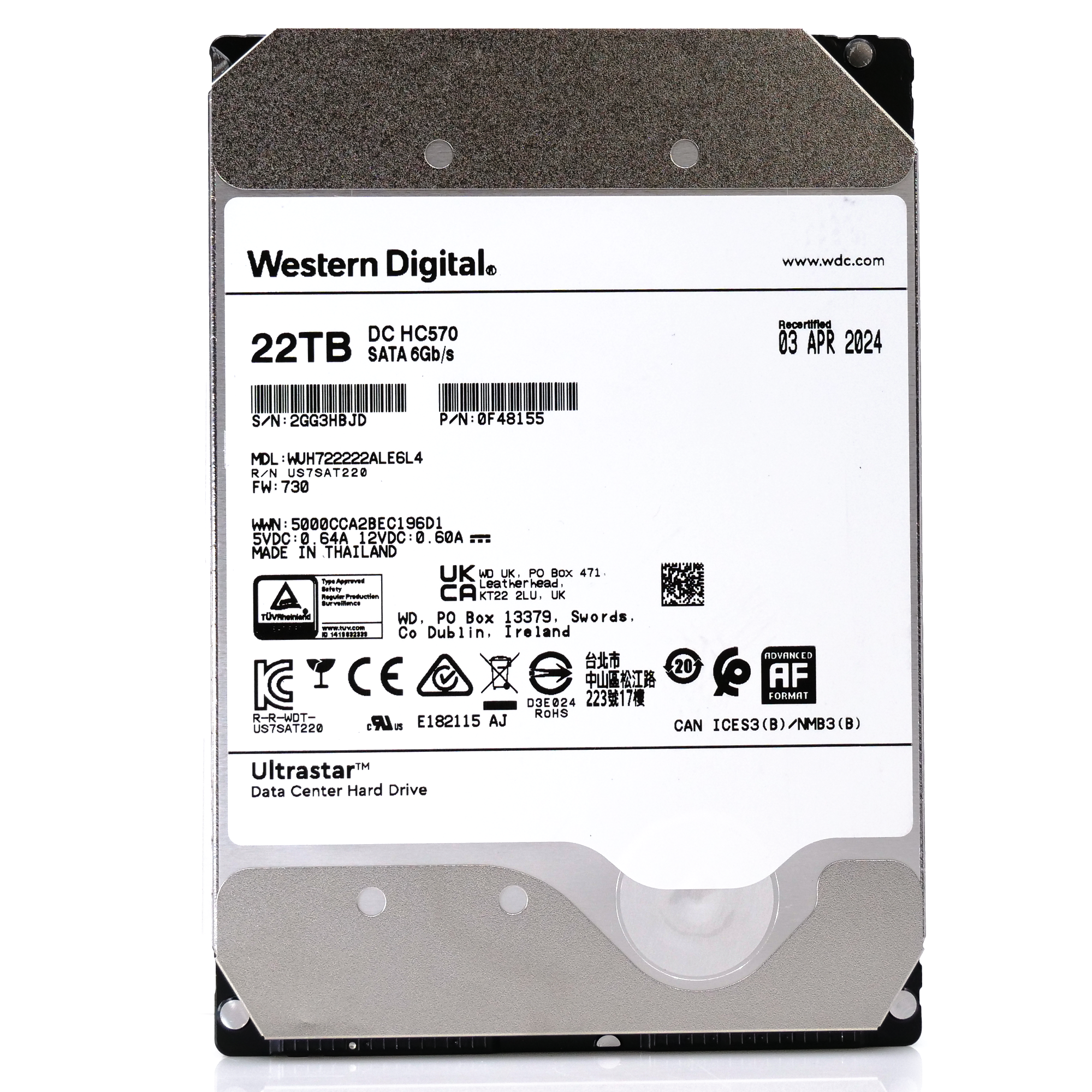 Western Digital Ultrastar DC HC570 WUH722222ALE6L4 0F48155 22TB 7.2K RPM SATA 6Gb/s 512e SE 3.5in Recertified Hard Drive front flat