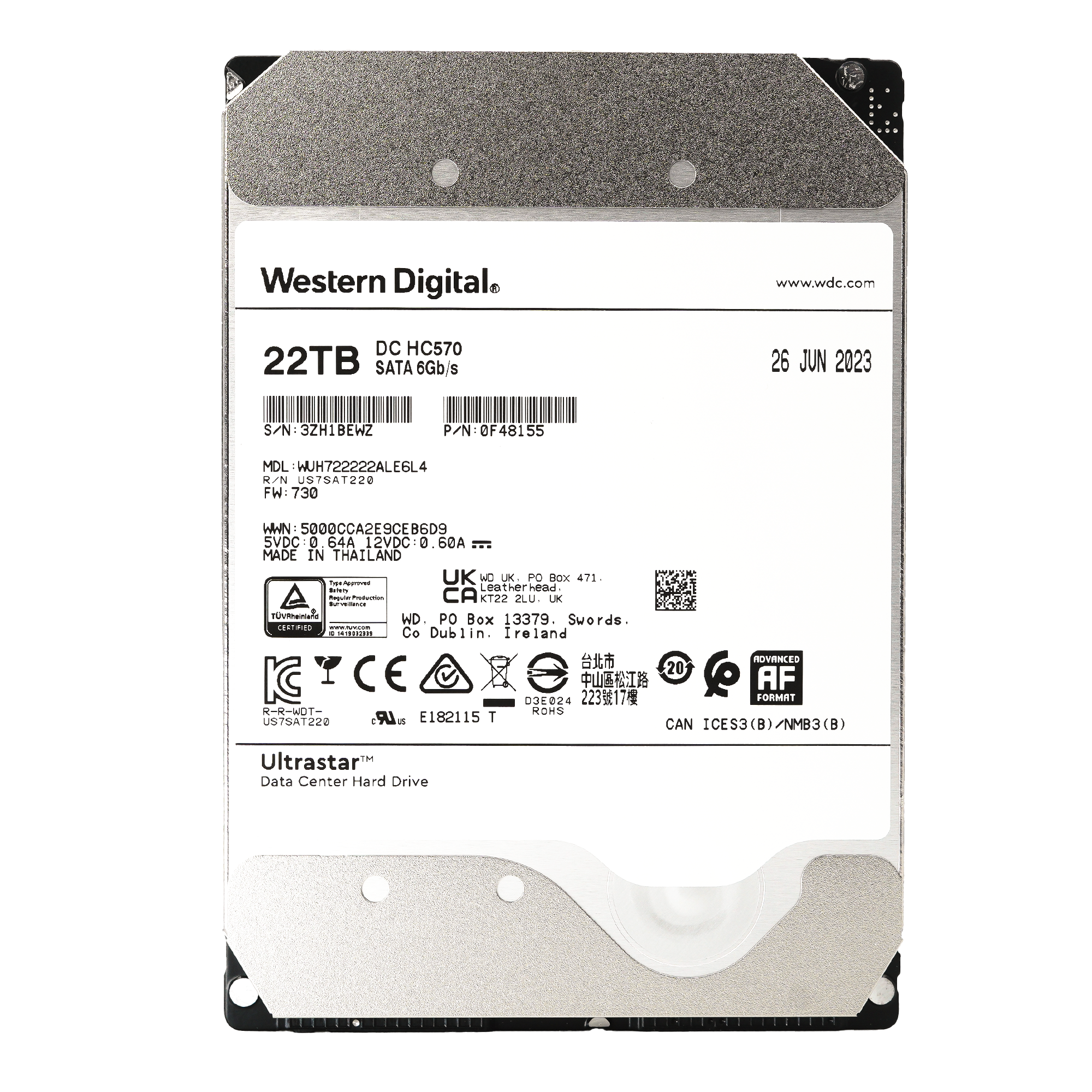 Western Digital Ultrastar DC HC570 WUH722222ALE6L4 0F48155 22TB 7.2K RPM SATA 6Gb/s 512e SE 3.5in Hard Drive