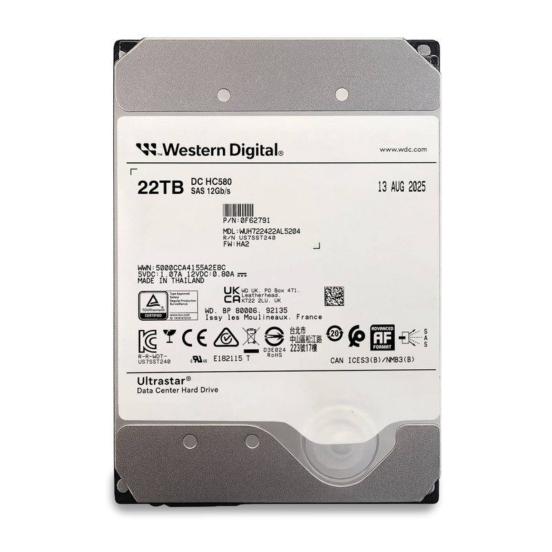 Western Digital Ultrastar DC HC580 WUH722422AL5204 0F62791 22TB 7.2K RPM SAS 12Gb/s 512e 512MB 3.5in HDD