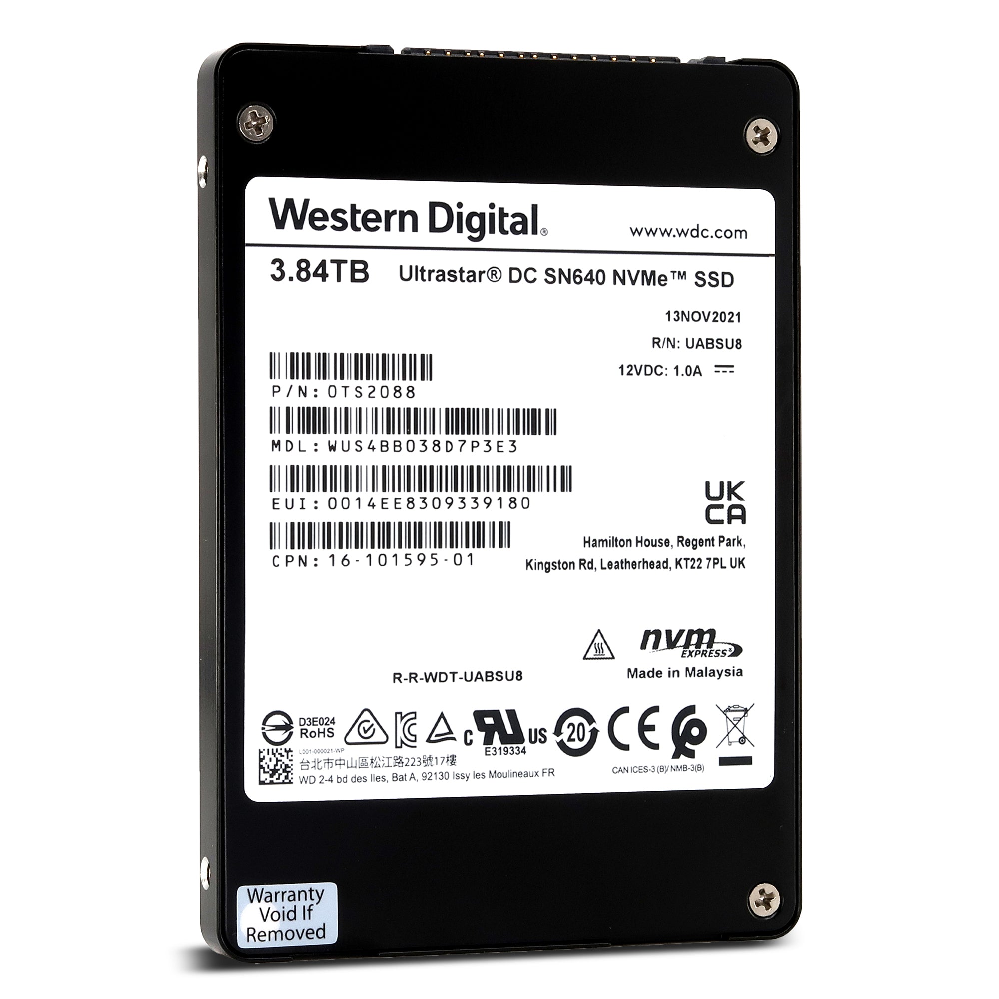 Western Digital Ultrastar DC SN640 WUS4BB038D7P3E3 0TS2088 3.84TB PCIe Gen3 x4 4GB/s 3D TLC U.2 NVMe 2.5in Solid State Drive - Front View