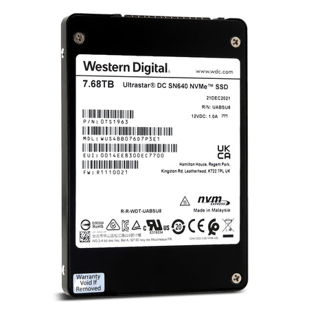 Western Digital Ultrastar DC SN640 WUS4BB076D7P3E1 0TS1963 7.68TB PCIe Gen 3.1 x4 4GB/s 3D TLC U.2 NVMe 2.5in Solid State Drive - Front View