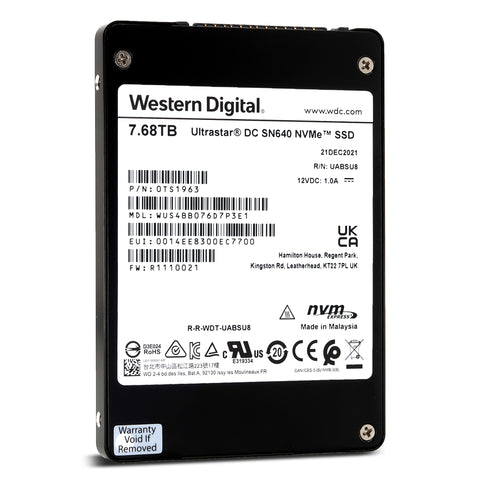 Western Digital Ultrastar DC SN640 WUS4BB076D7P3E1 0TS1963 7.68TB PCIe Gen 3.1 x4 4GB/s 3D TLC U.2 NVMe 2.5in Solid State Drive