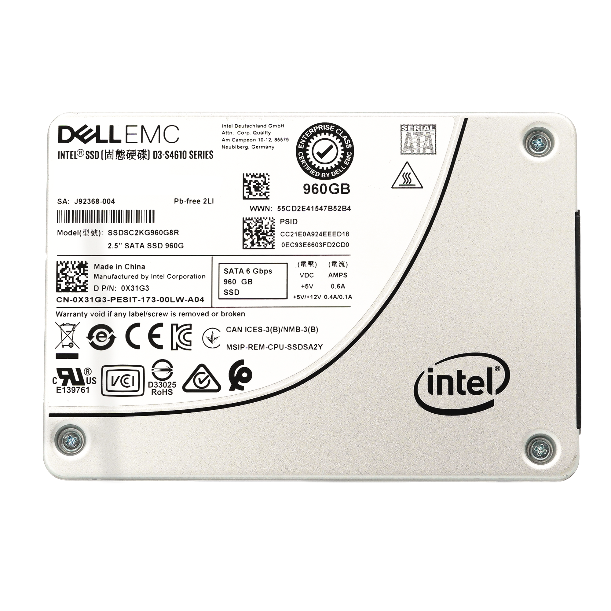 Dell S4610 X31G3 SSDSC2KG960G8R 960GB SATA 6Gb/s 3DWPD Mixed Use 2.5in Refurbished SSD