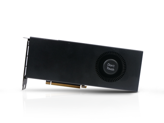 A black, blower-style graphics card is pictured from a side angle. It features a circular fan intake with the text "Don't Touch" printed inside the grille.