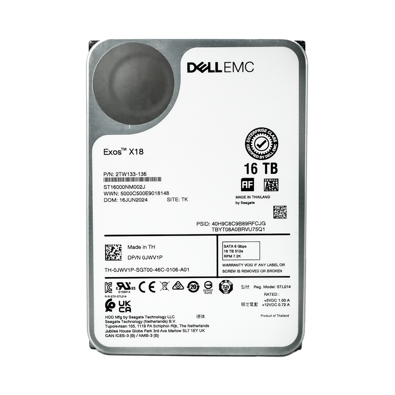 Dell/Seagate Exos X18 ST16000NM002J 16TB 7.2K RPM SATA 6Gb/s 512e 3.5in Recertified Hard Drive