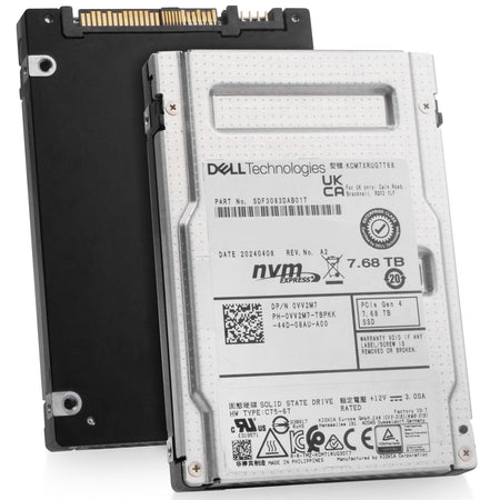 Dell/Kioxia CM7-R KCM7XRUG7T68 7.68TB 1 DWPD PCIe Gen 4.0 x4 8GB/s 3D TLC U.2 NVMe 2.5in Solid State Drive, combine angled view