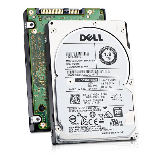 Front and back view of a Dell 1.8TB 10K SAS 2.5" hard drive.