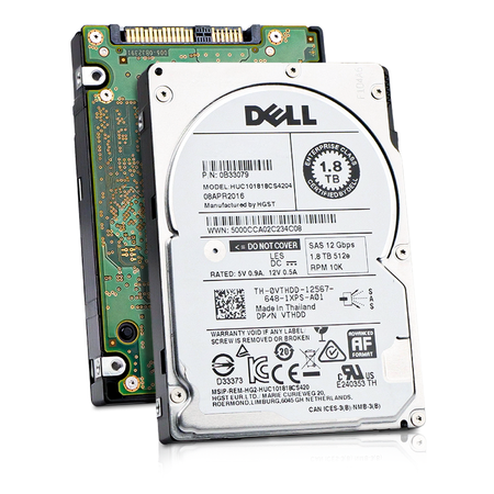 Front and back view of a Dell 1.8TB 10K SAS 2.5" hard drive.
