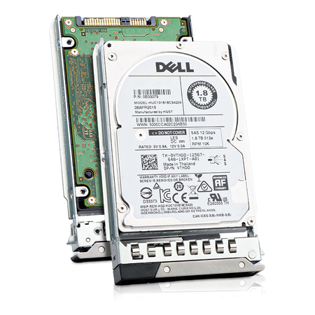 Front and back view of a Dell 1.8TB 10K SAS 2.5" hard drive in a 14G tray.