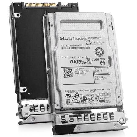 Dell G14 0VV2M7 7.68TB 1 DWPD PCIe Gen 4.0 x4 8GB/s 3D TLC U.2 NVMe 2.5in Solid State Drive, combine angled view