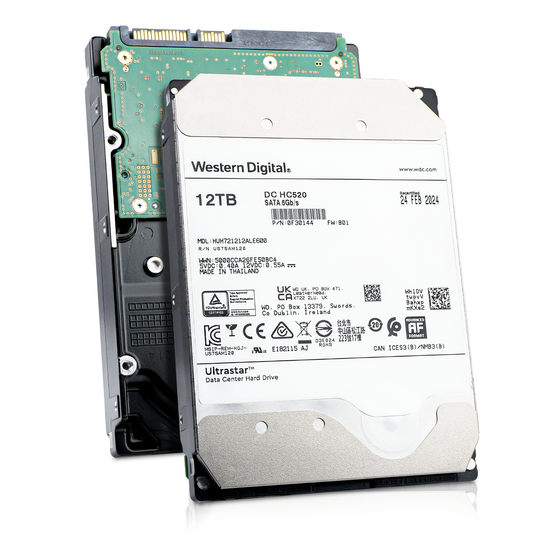 Front and back view of a WD Ultrastar DC HC520 12TB SATA 3.5" hard drive.
