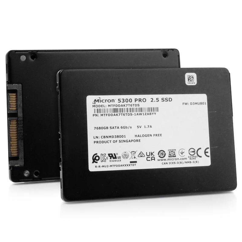 Micron 5300 PRO MTFDDAK7T6TDS-1AW1ZABYY 7.68TB SATA 6Gb/s 3D TLC 2.5in Solid State Drive, combine angled view