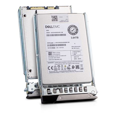 Two Dell EMC 3.84TB SATA SSDs (model HFS3TBG3H2X069N) mounted in Dell drive caddies, shown front and behind.