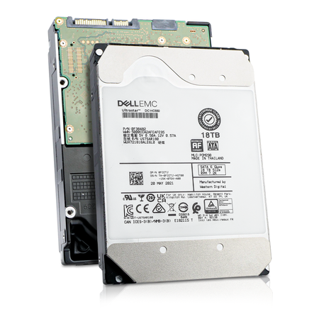 Front and back views of a Dell EMC WD Ultrastar DC HC550 WUH721818ALE6L0 18TB 7.2K SATA 3.5-inch HDD, with the labeled top and circuit-board underside