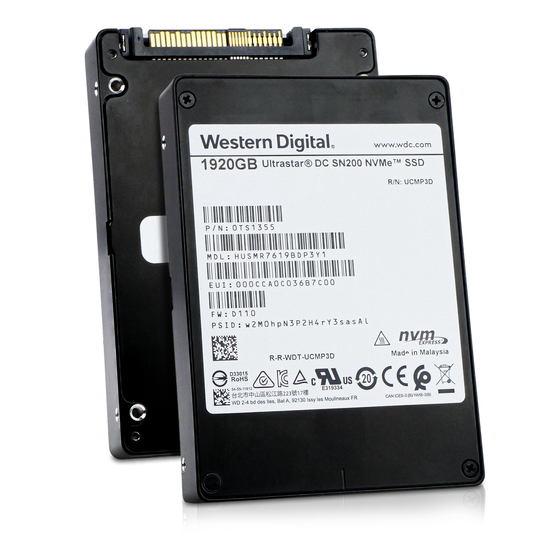 Front and back views of a Western Digital Ultrastar DC SN200 HUSMR7619BDP3Y1 1920GB NVMe U.2 2.5-inch SSD