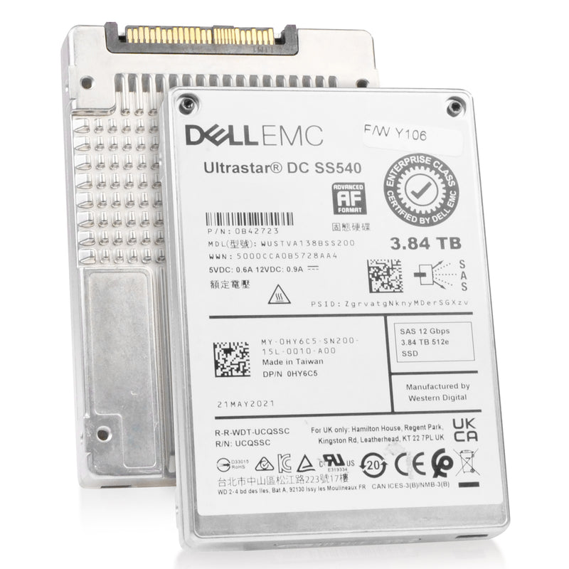 Dell/WD Ultrastar DC SS540 WUSTVA138BSS200 0B42723 3.84TB 1 DWPD SAS 12Gb/s 512e 2.5in Read Intensive Refurbished SSD