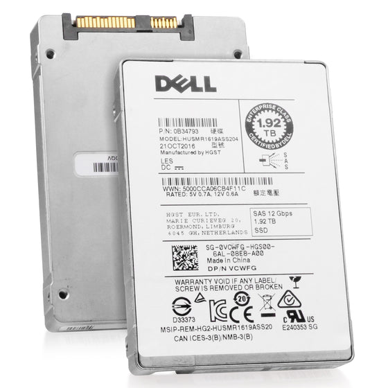 Dell/HGST Ultrastar SSD1600MR HUSMR1619ASS204 0B34793 1.92TB 1 DWPD SAS 12Gb/s MLC 2.5in Refurbished SSD