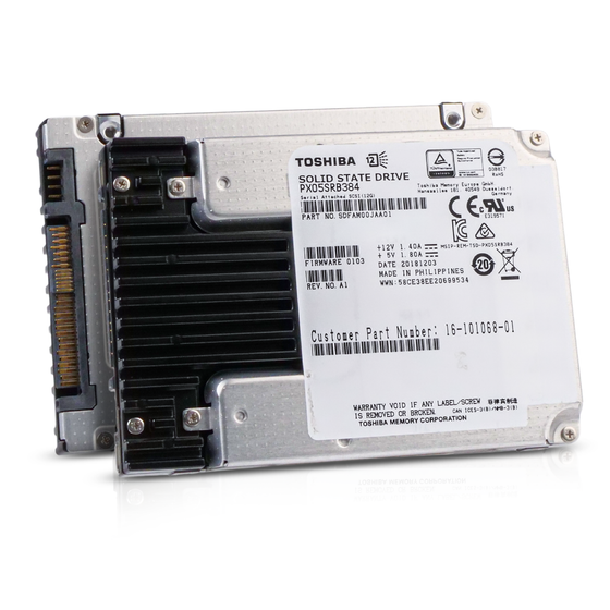 Two Toshiba SAS SSDs (model PX05SRB384), one showing the top label in front and one showing the underside behind.