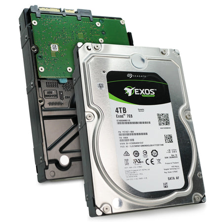 Seagate Exos 7E8 4TB SATA hard drive, front and rear sides shown together