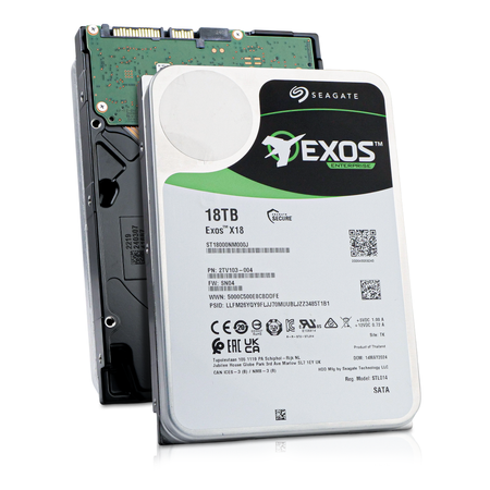 Seagate Exos X18 18TB 3.5" SATA HDD ST18000NM000J, front label and rear PCB views together