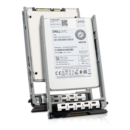 Dell G13 03397M 480GB SATA 2.5in SSD, top label and back panel in hot-swap trays shown together, angled