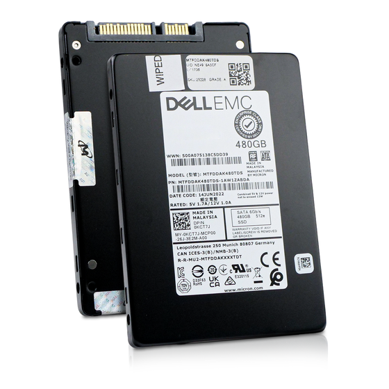 Dell/Micron 5300 PRO MTFDDAK480TDS 480GB SATA 2.5in SSD, front label and back panel shown together, angled