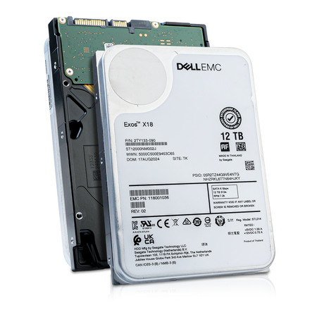 Dell/Seagate Exos X18 ST12000NM002J 12TB 7.2K RPM SATA 6Gb/s 512e 3.5in HDD, front label and underside shown together, angled