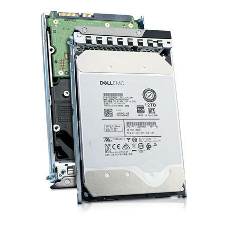 Dell G14 118000331 12TB 7.2K RPM SATA 6Gb/s 4Kn 3.5in HDD, front label and underside shown together, angled