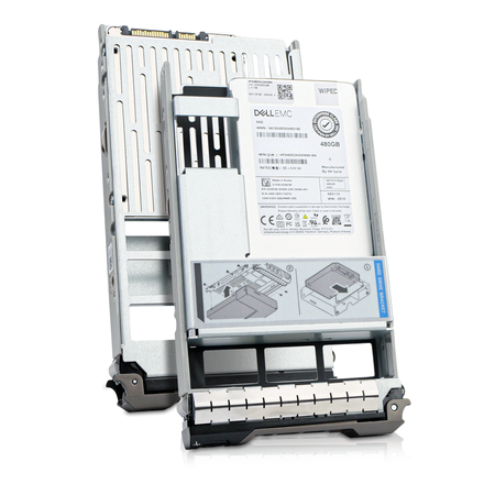Dell G13 03397M 480GB SATA Hybrid 3.5in SSD, top label and underside in hybrid trays shown together, angled