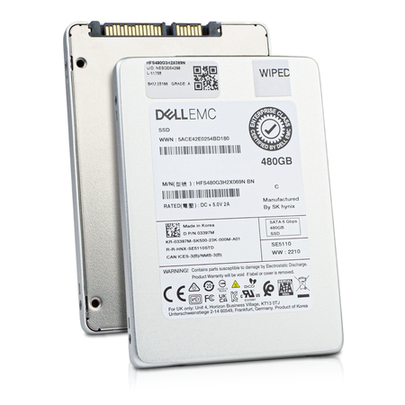 Dell/SK hynix SE5110 HFS480G3H2X069N 480GB SATA 2.5in SSD, front label and back panel shown together, angled