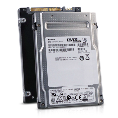 Kioxia NVMe Express 2.5-inch solid state drive showing front and rear labels with part number and certifications.
