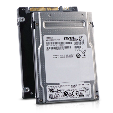 Kioxia NVMe Express 2.5-inch solid state drive showing front and rear labels with part number and certifications.