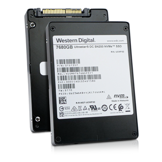 Western Digital Ultrastar DC SN200 HUSMR7676BDP3Y1 0TS1357 7.68TB U.2 NVMe 2.5in SSD, front label and back panel shown together, angled