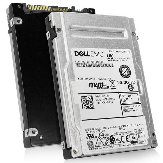 Dell/Kioxia CM6-R KCM6XRUL15T3 15.36TB 1 DWPD PCIe Gen 4.0 x4 8GB/s 3D TLC U.3 NVMe 2.5in Solid State Drive, combine angled view