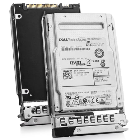 Dell G14 0XHYGF 3.84TB 1 DWPD PCIe Gen 4.0 x4 8GB/s 3D TLC U.2 NVMe 2.5in Solid State Drive, combined angled view