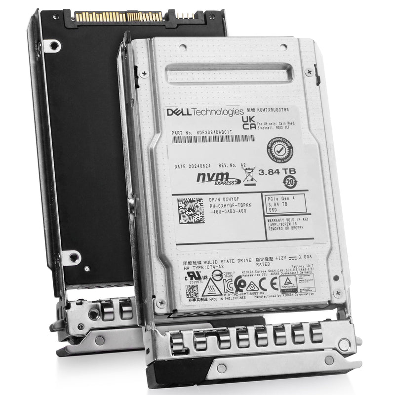 Dell G14 0XHYGF 3.84TB 1 DWPD PCIe Gen 4.0 x4 8GB/s 3D TLC U.2 NVMe 2.5in Solid State Drive, combined angled view