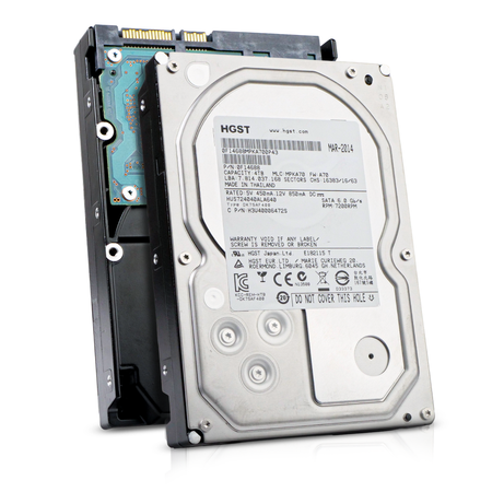Front and back views of an HGST 4TB SATA hard drive.