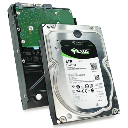 Seagate Exos 7E8 4TB SATA hard drive, front and rear sides shown together